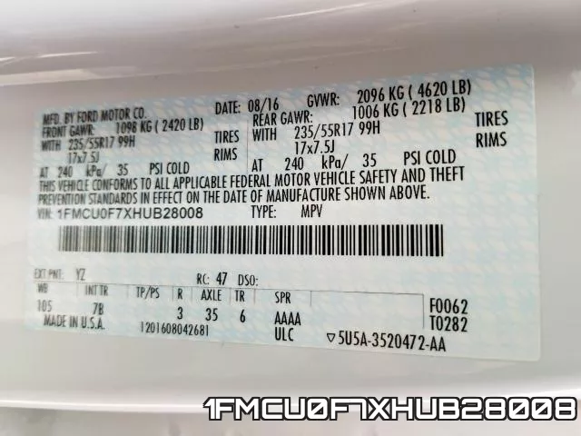 1FMCU0F7XHUB28008 фото 2