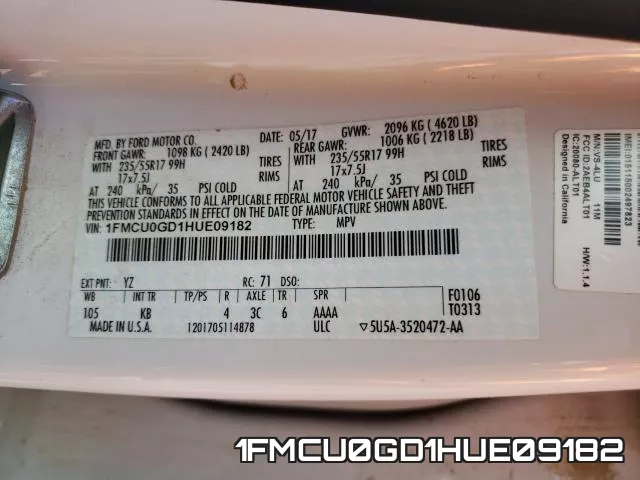 1FMCU0GD1HUE09182 фото 2
