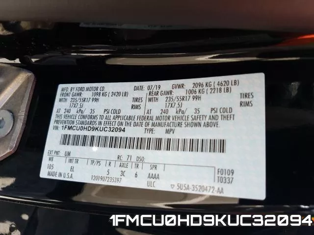 1FMCU0HD9KUC32094 фото 2