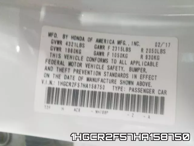 1HGCR2F57HA158750 фото 2
