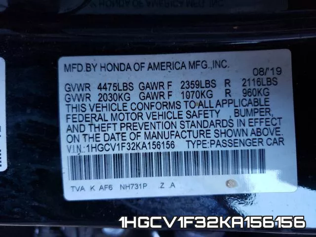 1HGCV1F32KA156156 фото 2