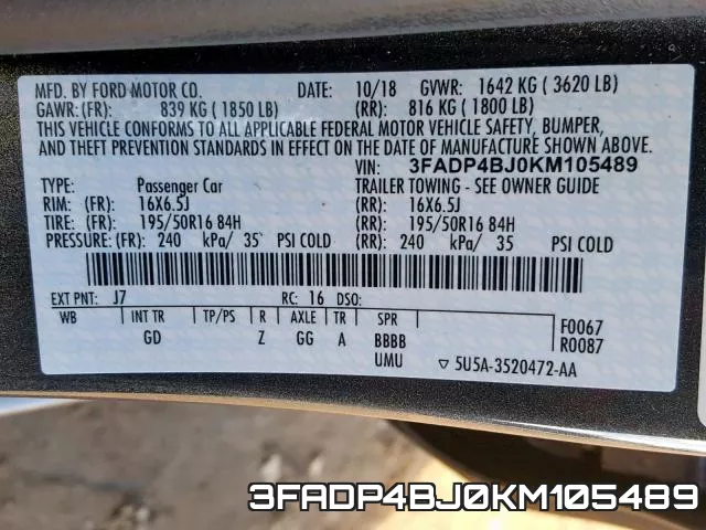 3FADP4BJ0KM105489 фото 2