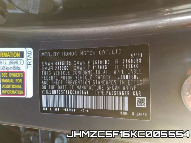 JHMZC5F16KC005554 фото 2