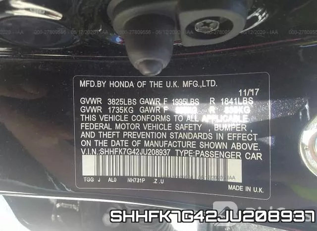 SHHFK7G42JU208937 фото 10