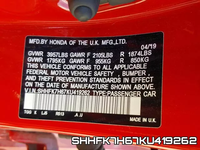 SHHFK7H67KU419262 фото 2