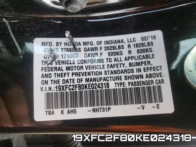 19XFC2F80KE024318 фото 2