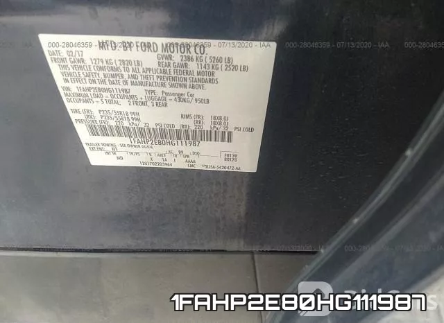 1FAHP2E80HG111987 фото 10