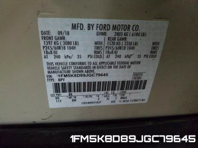 1FM5K8D89JGC79645 фото 2