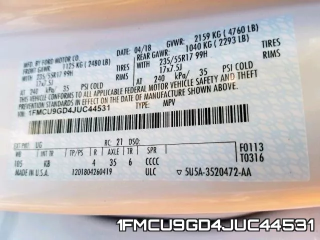 1FMCU9GD4JUC44531 фото 2