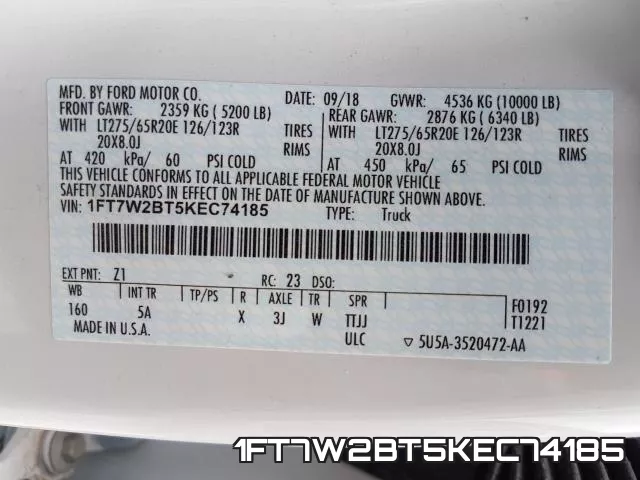 1FT7W2BT5KEC74185 фото 2