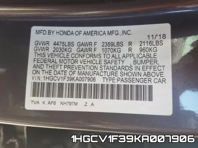 1HGCV1F39KA007906 фото 2