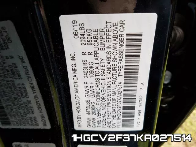 1HGCV2F37KA027514 фото 2