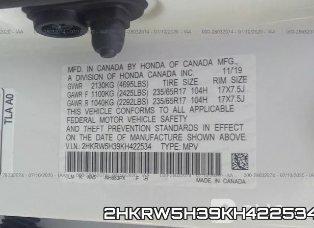 2HKRW5H39KH422534 фото 10