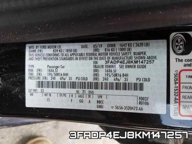 3FADP4EJ8KM147257 фото 2
