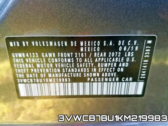 3VWCB7BU1KM219983 фото 2