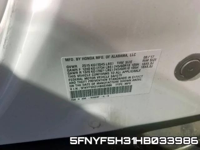 5FNYF5H31HB033986 фото 2
