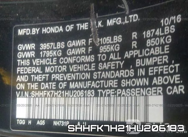 SHHFK7H21HU206183 фото 10