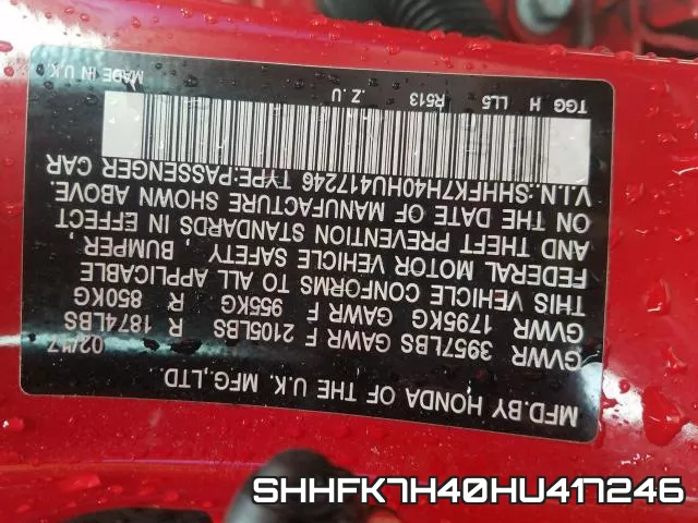 SHHFK7H40HU417246 фото 2