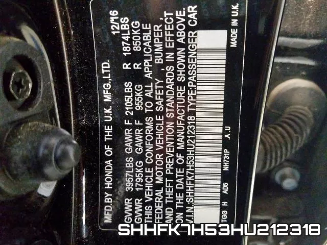 SHHFK7H53HU212318 фото 2