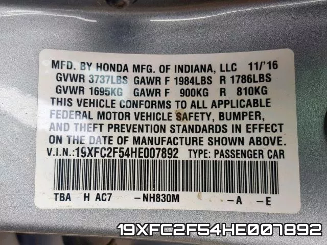 19XFC2F54HE007892 фото 2