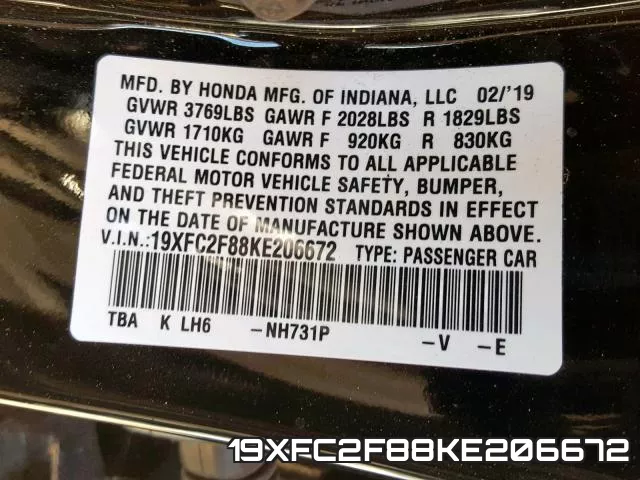 19XFC2F88KE206672 фото 2