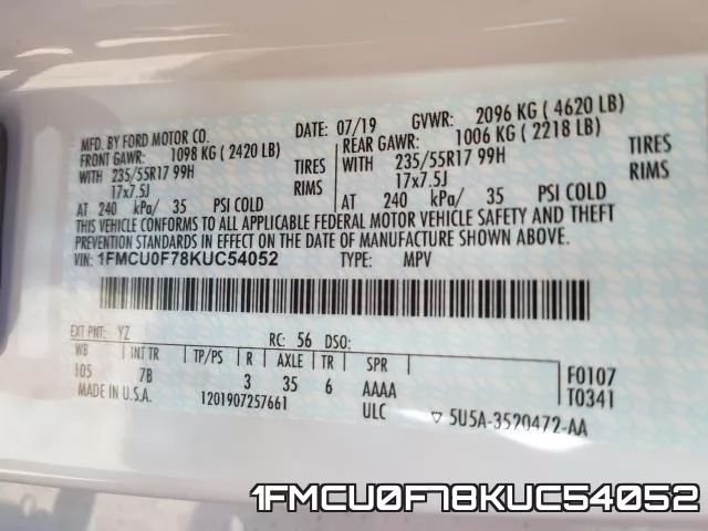 1FMCU0F78KUC54052 фото 2