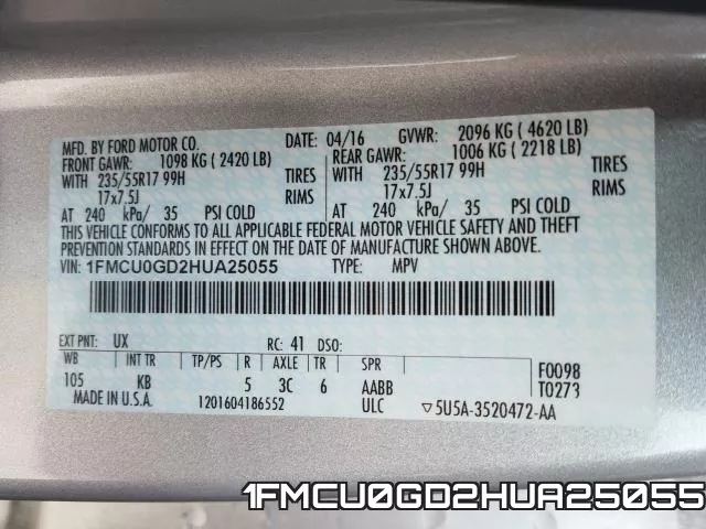 1FMCU0GD2HUA25055 фото 2