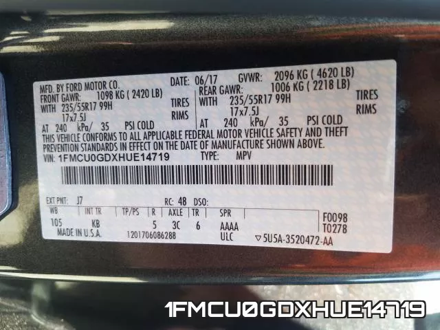 1FMCU0GDXHUE14719 фото 2