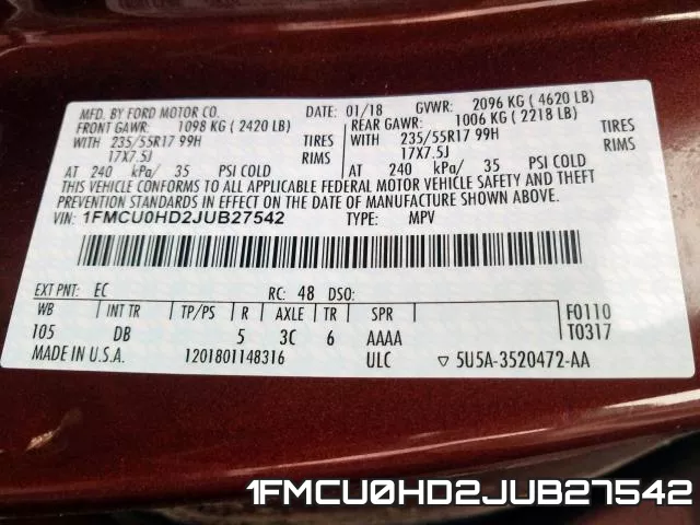 1FMCU0HD2JUB27542 фото 2