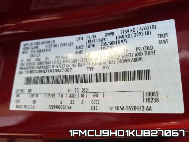1FMCU9HD1KUB27067 фото 2
