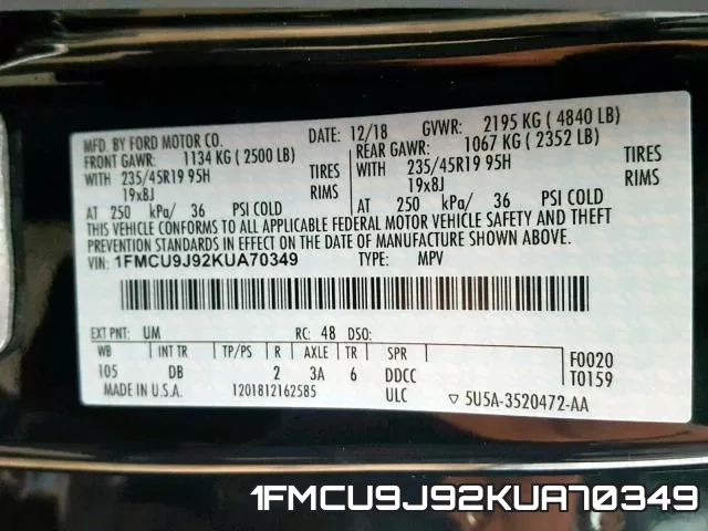 1FMCU9J92KUA70349 фото 2