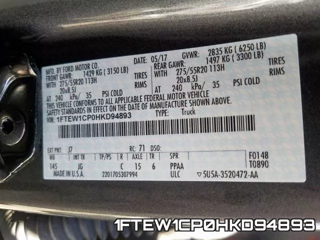 1FTEW1CP0HKD94893 фото 2