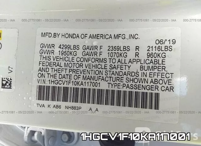 1HGCV1F10KA117001 фото 10