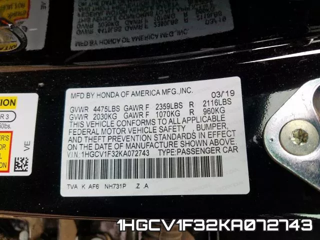 1HGCV1F32KA072743 фото 2