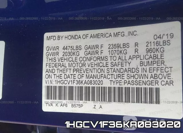 1HGCV1F36KA083020 фото 10
