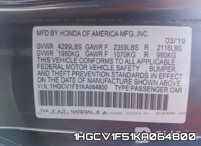 1HGCV1F51KA064800 фото 10