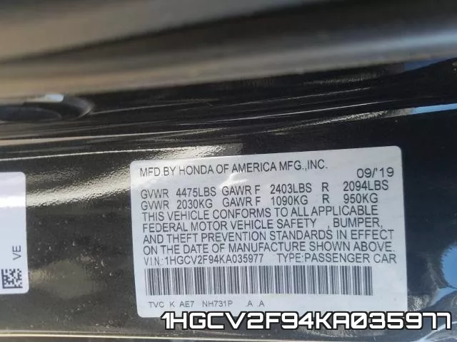 1HGCV2F94KA035977 фото 2