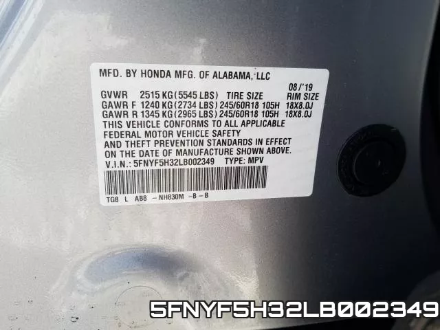 5FNYF5H32LB002349 фото 2