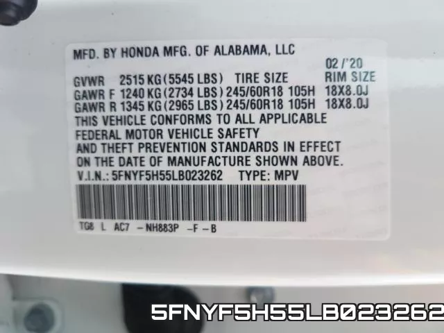 5FNYF5H55LB023262 фото 2