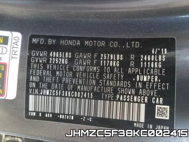 JHMZC5F38KC002415 фото 2