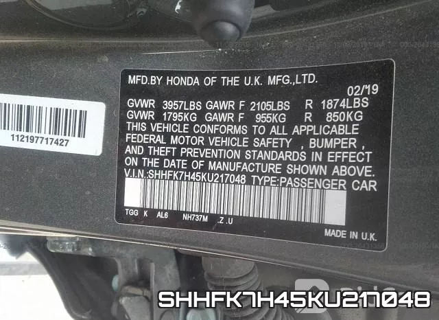 SHHFK7H45KU217048 фото 10