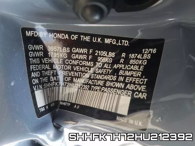 SHHFK7H72HU212392 фото 2