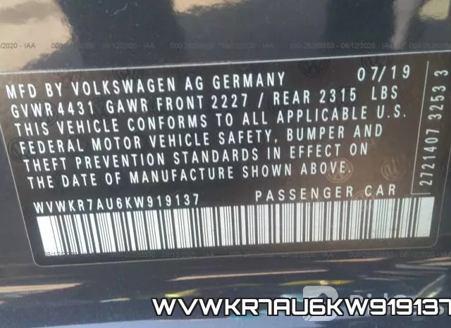 WVWKR7AU6KW919137 фото 10