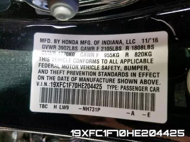 19XFC1F70HE204425 фото 2