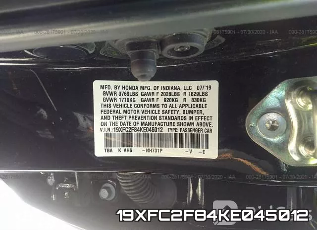 19XFC2F84KE045012 фото 10