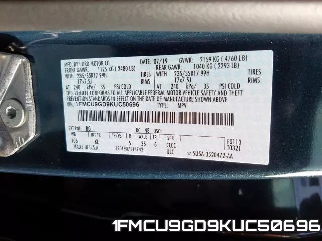 1FMCU9GD9KUC50696 фото 2