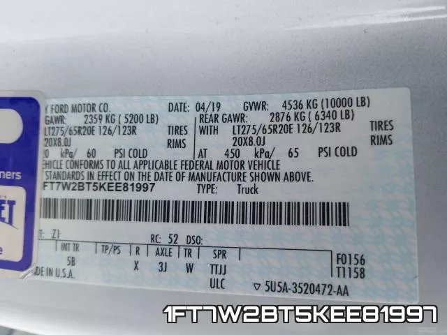 1FT7W2BT5KEE81997 фото 2