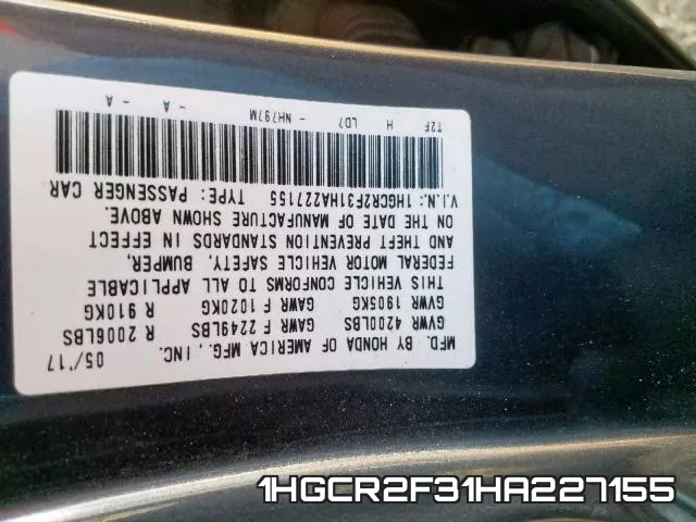 1HGCR2F31HA227155 фото 2