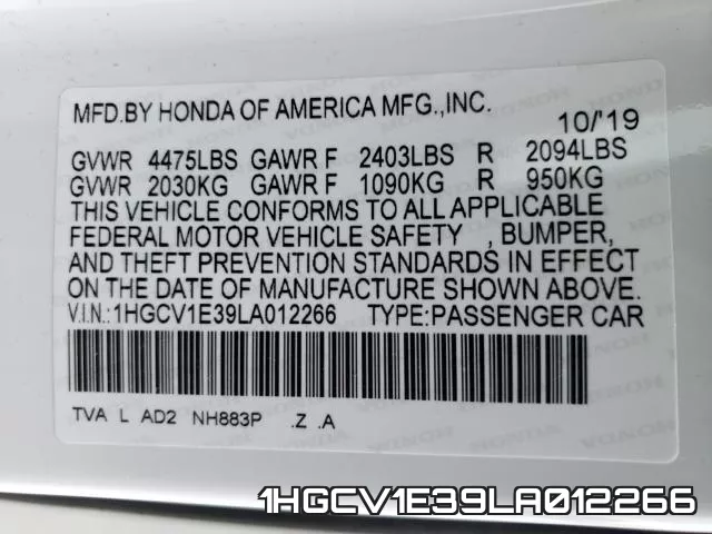 1HGCV1E39LA012266 фото 2