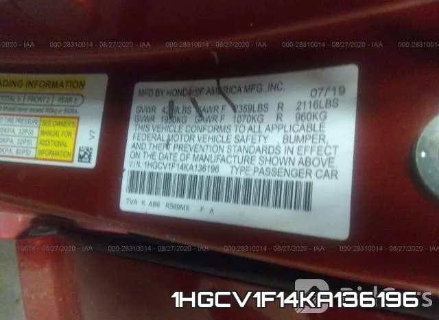 1HGCV1F14KA136196 фото 10